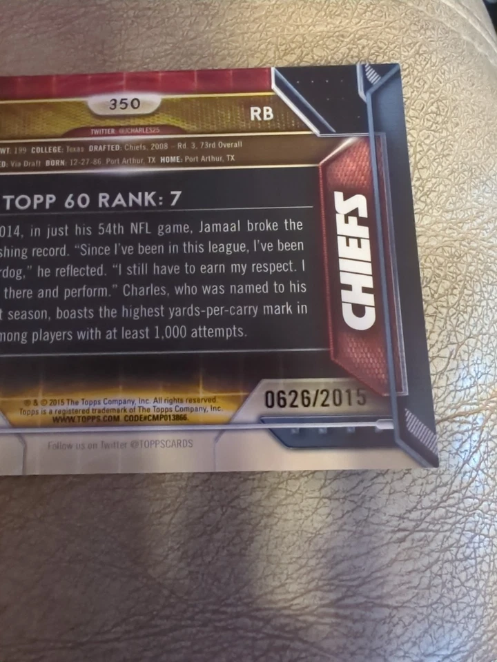 Jamaal Charles 2015 Topps GOLD #350 Football Card NFL Chiefs /2015 KC RB Insert - Image 3 of 3