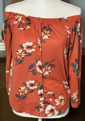 Rue 21 Orange Floral On Or Off Shoulder Top, Faux Button Front, M - Picture 3 of 5