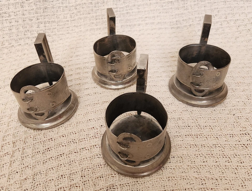 Soporte de vaso de té/café ruso plateado vintage, diseño de hebilla de cinturón, juego de 4 Foto 2 de 4