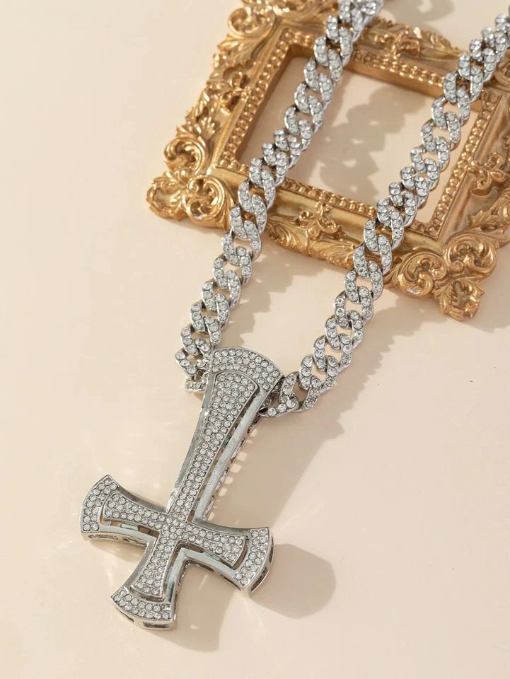 Collar Colgante Cruz HipHop Helado Al revés Cadena Cristal Moda Joyería NUEVO Foto 3 de 4