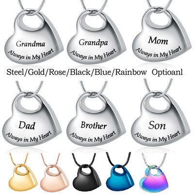 Always in My Heart Urn Pendant Family Member Memory Necklace for Cremation Ashes