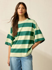 Next Green Women's Striped Stripy Heavyweight Boxy Oversized T-shirt XL 20/22