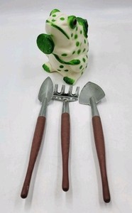 Frog Watering Can Neon Green Spots Celluloid Blow Mold W Mini Gardening Tools