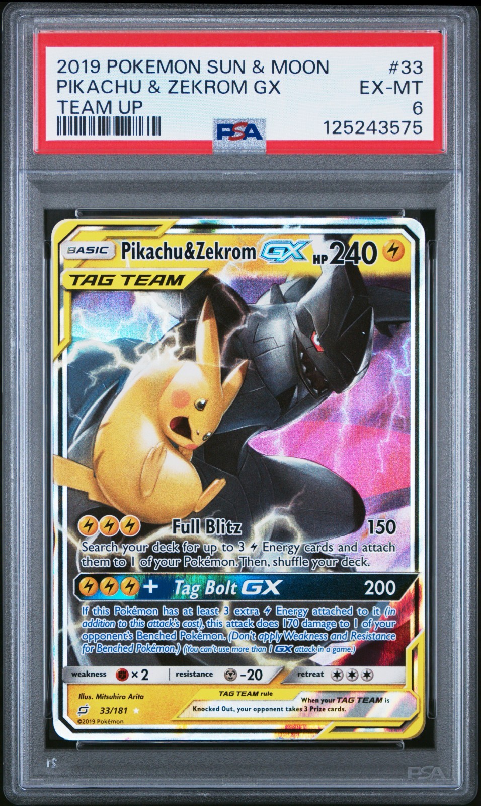 PSA 6 Pokemon TCG Pikachu & Zekrom GX 33/181 Sm-Team Up Holo