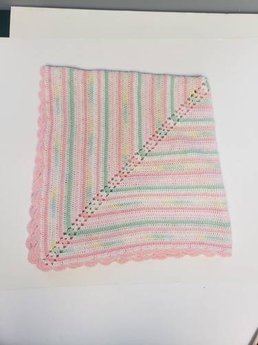 Crocheted Handmade Traditional White Pink & Green Baby Blanket Scalloped edges - Picture 3 of 15
