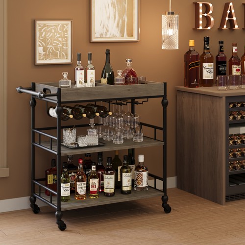 3 Tier Bar Cart with Wheels,Kitchen Rolling Cart w/Removable Trays &Metal Handle - Picture 12 of 12