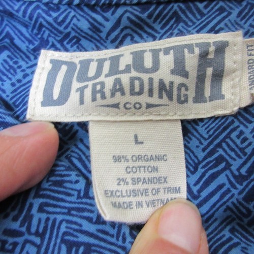 Duluth Trading Shirt Men Large Blue Print Canyoneer Roll Tab Sleeve Zip Pocket - Picture 3 of 12