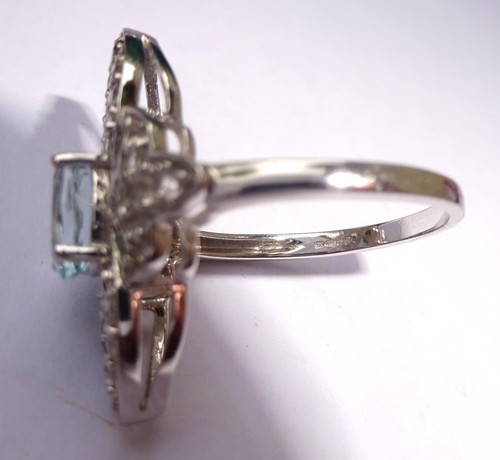 Large 9ct White Gold Aquamarine, White Topaz & Diamond Cocktail Ring, Size N1/2 - Picture 8 of 13