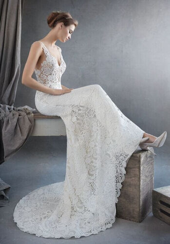 Lazaro 3609 Wedding Dress Ball Gown 12 Ivory Lace Illusion Fit & Flare Low "V"