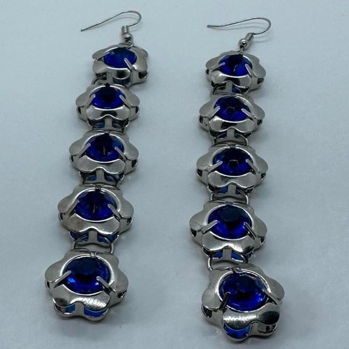 Flower gem earrings, light weight Metal Earrings, acrylic gems blue 11.5 cm Long - Picture 3 of 7
