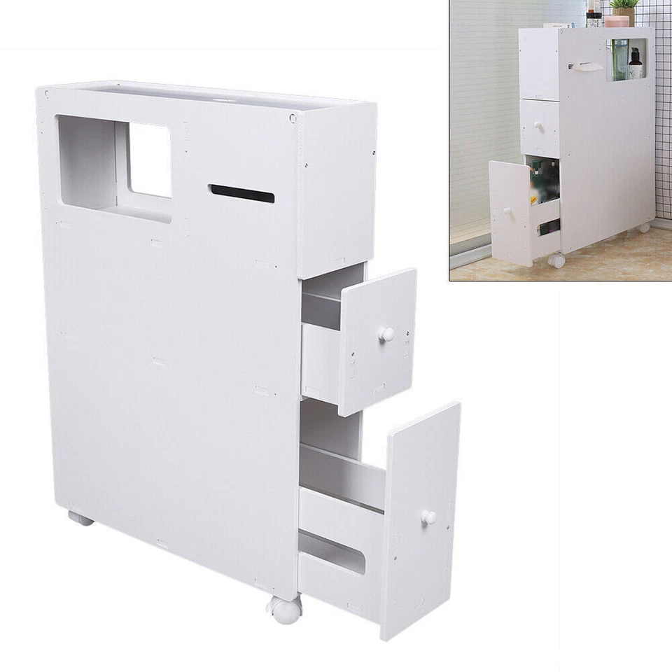 Bathroom Floor Cabinet Storage Organizer with Shelf Free Standing Cabinet White - Image 2 of 4