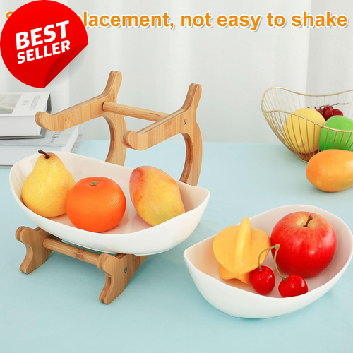 2-Tier Fruit Bowl with Bamboo Stand for Kitchen Counter White - Picture 4 of 12