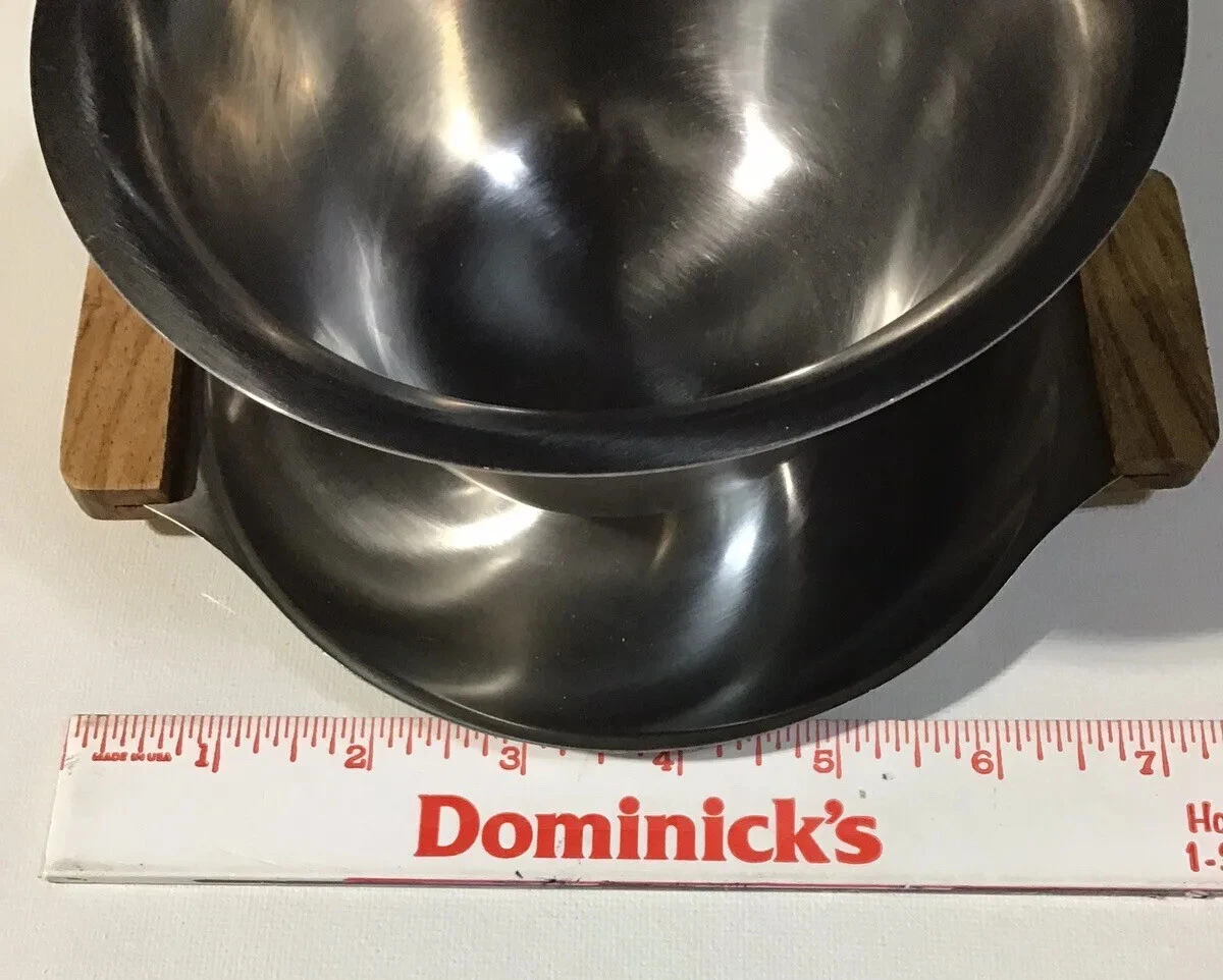 Stainless Steel Footed Gravy Sauce Bowl Teak Handles Ladle Spoon Vintage MCM