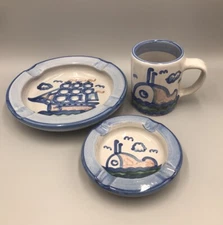MA Hadley Pottery Clipper Ship Whale High Low Tide Mug Ashtray Set of 3