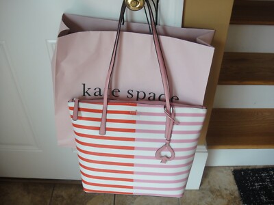 NWT Kate Spade Zina Leather Large Tote White Pink Orange Stripe.100%AUTHENTIC