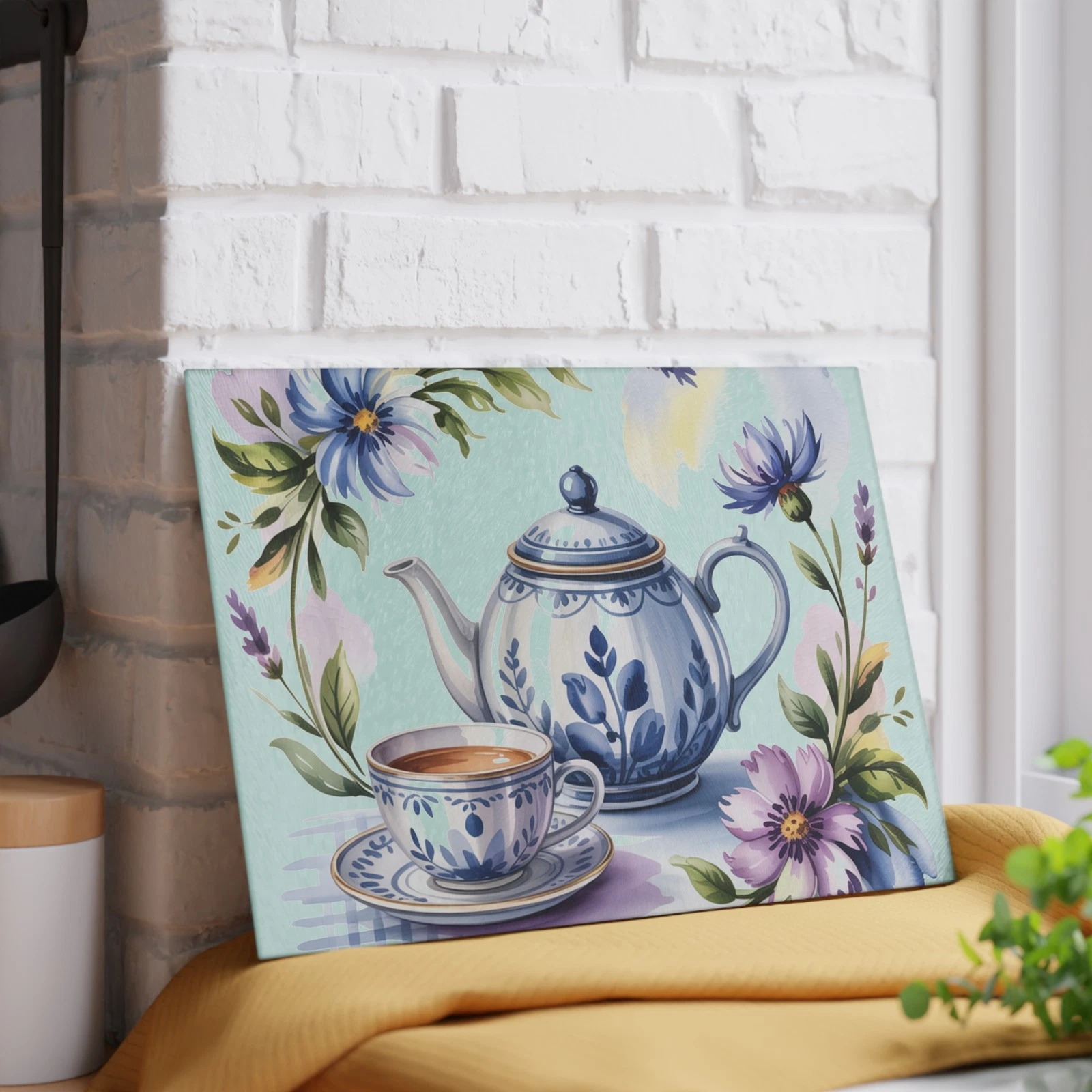 Blue Floral Teapot and Teacup Glass Cutting Board | Kitchen Decor