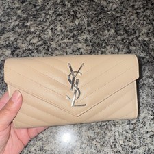 Saint Laurent Beige YSL Logo Flap Clutch Wallet w/ Snap Button, Zipper Slots