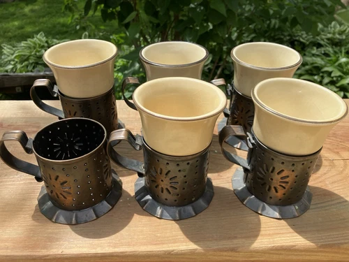 Set 6 Punched Copper Pfaltzgraff Village Cup Holders And 5 Ceramic Cups Vintage
