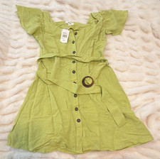 MINE Green Solid A-Line Square Neck Button-Front Belted Short Dress M