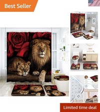 4PCS Red Rose Lion Shower Curtain Set - Elegant Waterproof Bathroom Decor