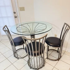 Metal Kitchen Table W/ Glass Top & 4 Chairs Dining Set