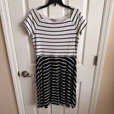 LOFT Womens Black White Striped Fit and Flare Boat Neck Knit Dress Size S
