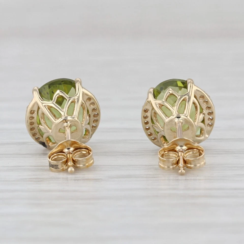 3.58ctw Peridot Diamond Halo Stud Earrings 10k Yellow Gold Studs - Image 3 of 4