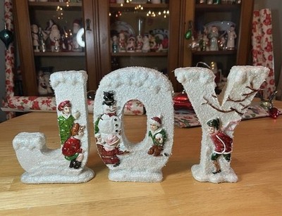 JOY Christmas Figurine Set Snow Texture Kids Snowman Holiday Decor Vtg Inspired