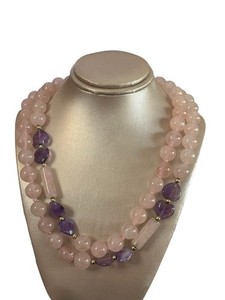225 Ct Natural Round Rose Quartz & Heart Shape Amethyst Beads Necklace 32"