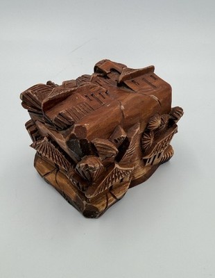 Collectable Vintage Hand Carved High Relief Wooden Hinged Box Trees & Village