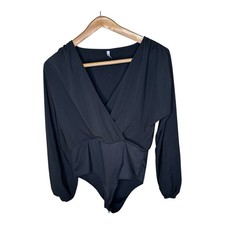 Halara Breezeful Bodysuit Size XL Black Surplice V-neck Long Puff Sleeves