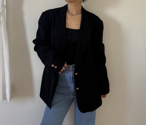 Vintage Stephen Douglas Ltd 100% Wool Minimalist Black Blazer Jacket Size 16