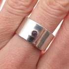 925 Sterling Silver Vintage Real Amethyst Modernist Wide Band Ring Size 7.25