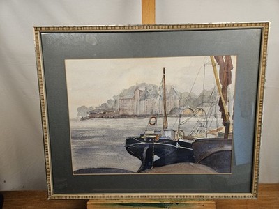 ATMOSPHÄRISCHES INDUSTRIELLES BRITISCHES HAFEN AQUARELL DOCKLAND BOOTE MID-END CENTUR