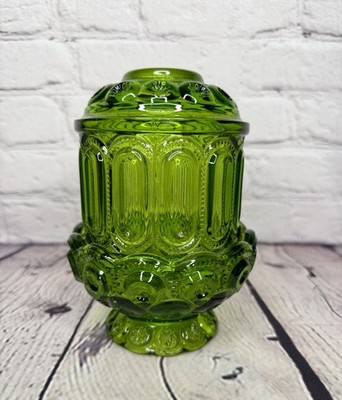 Vintage L.E. Smith Moon and Stars Emerald Green Glass Fairy / Candle Lamp 6.5'' 