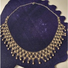 Vintage Silver Tone Choker Necklace Dainty Floral Design with Dangling Beads