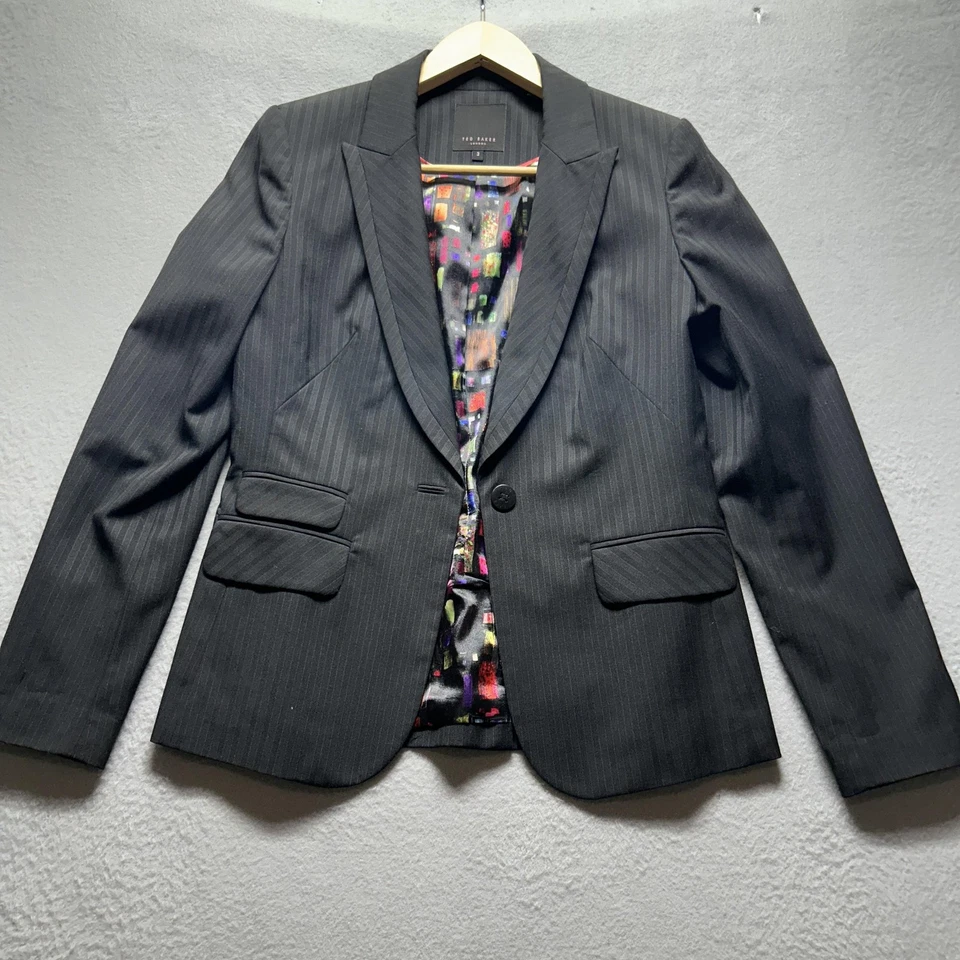 Traje Ted Baker Mujer Talla 3 Negro Rayas Blazer Pantalones Conjunto Mezcla Lana Forrado Foto 4 de 4