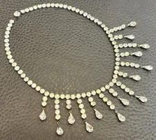 Vintage Signed Coro Rare Sterling Silver 925 Rhinestone Dangle Choker Necklace