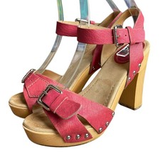 DOLCE & GABBANA Pink Leather Strappy Wooden Heel Sandals, 38