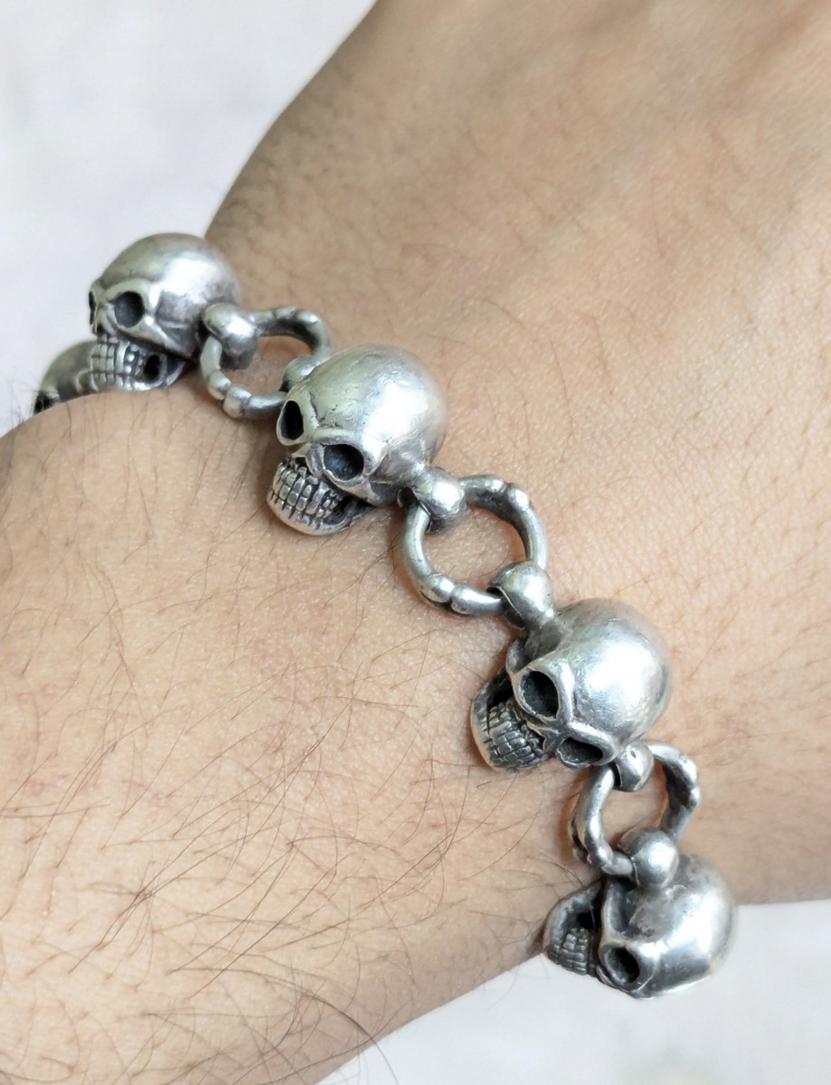 Vintage Sterling Silver Skull Bracelet 9.5