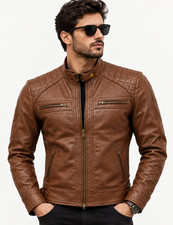 Men's Café racer Style Biker Motorcycle Leather Jacket Genuine Sheepskin Leather