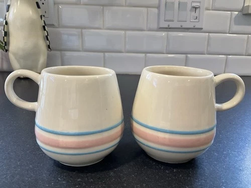 VNTG McCOY POTTERY TWO COFFEE MUGS “PINK & BLUE STRIPES”