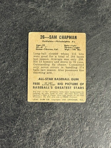 1948 Leaf Sam Chapman #26 Fair/Good Philadelphia A’s Free Ship - Picture 2 of 2