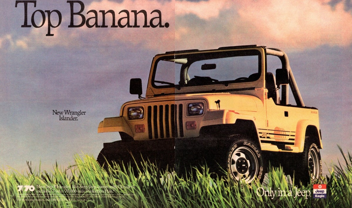 1980s Auto AD for JEEP WRANGLER Yellow Islander 2 page ad 013121