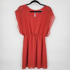 Buttons Women's Medium Orange Chiffon Lined Short Dress Flutter Sleeve