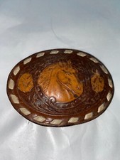 Horse Floral Leather Belt Buckle Hand Tooled and Stitched Vintage Nice
