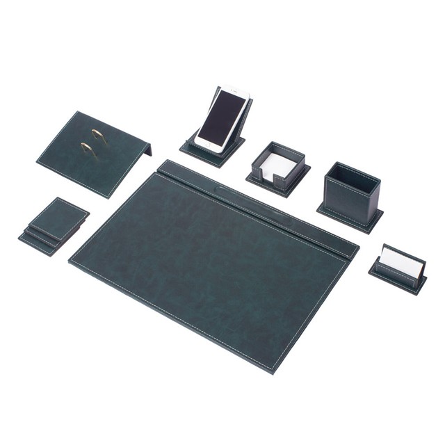 Vegan 9 pcs Desk Set Desk Blotter Set leather with mobile phone holder in Green eBay