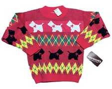 Vintage 1980  s Miniwaves Child  s Christmas Sweater Red Argyle Scottie Dogs NWT