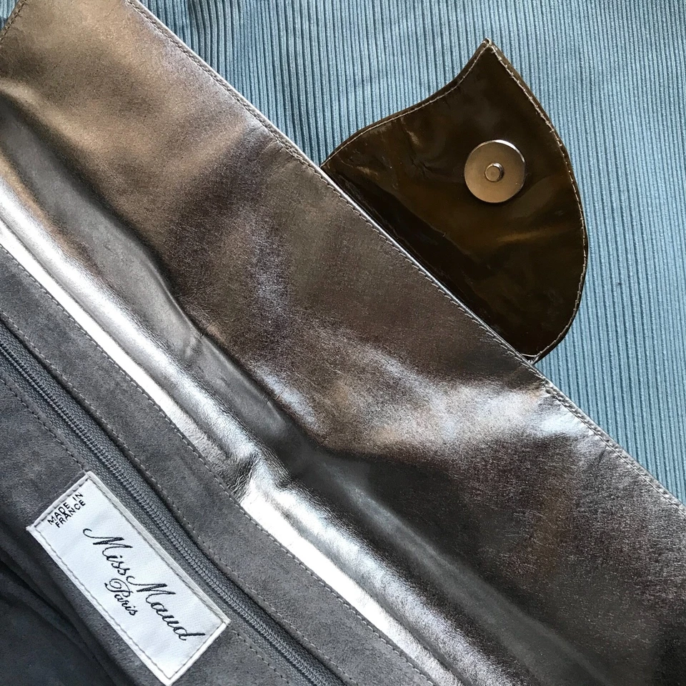 MISS MAUD Paris Made in France BORSA POCHETTE PELLE ARGENTO METAL ORIGINAL 80's - Immagine 2 di 4