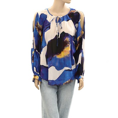 Frogbox Abstract Printed Blouse Top Ruffle Long Flowy Blue Casual M NWT 278275